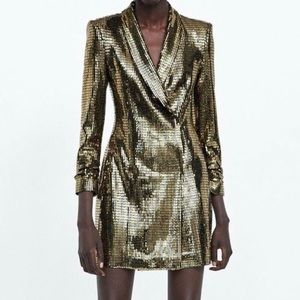 XS ZARA GOLD METALLIC BLAZER DRESS
